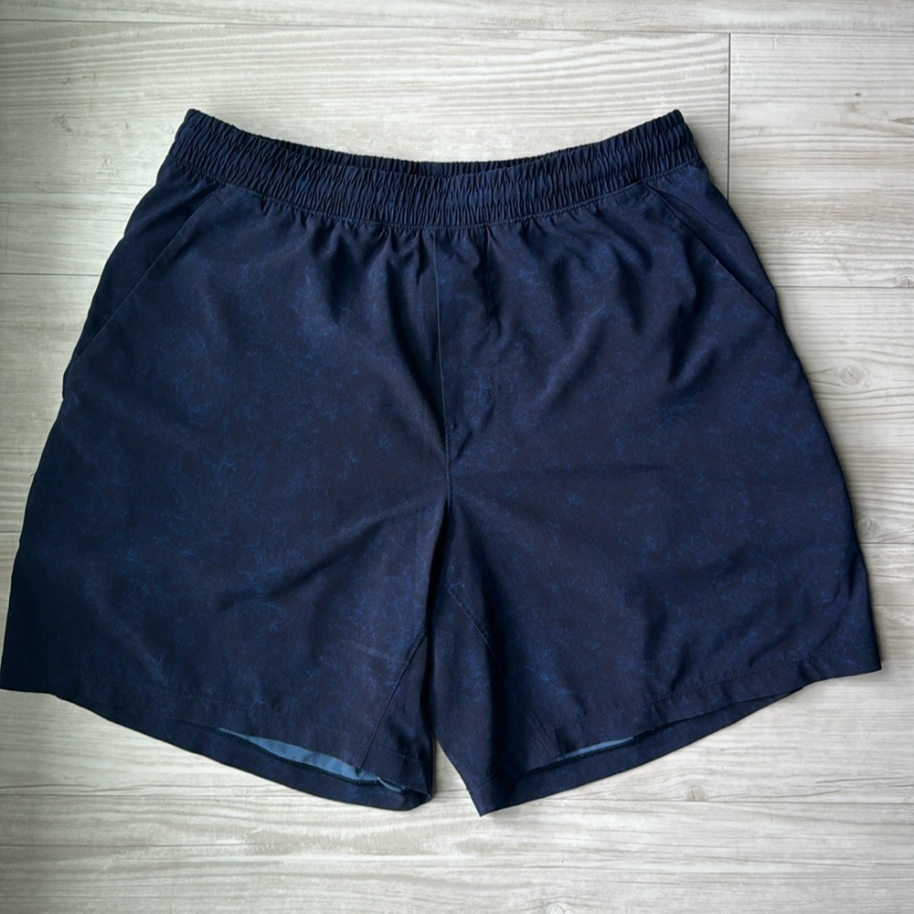 blue Lululemon athletic shorts